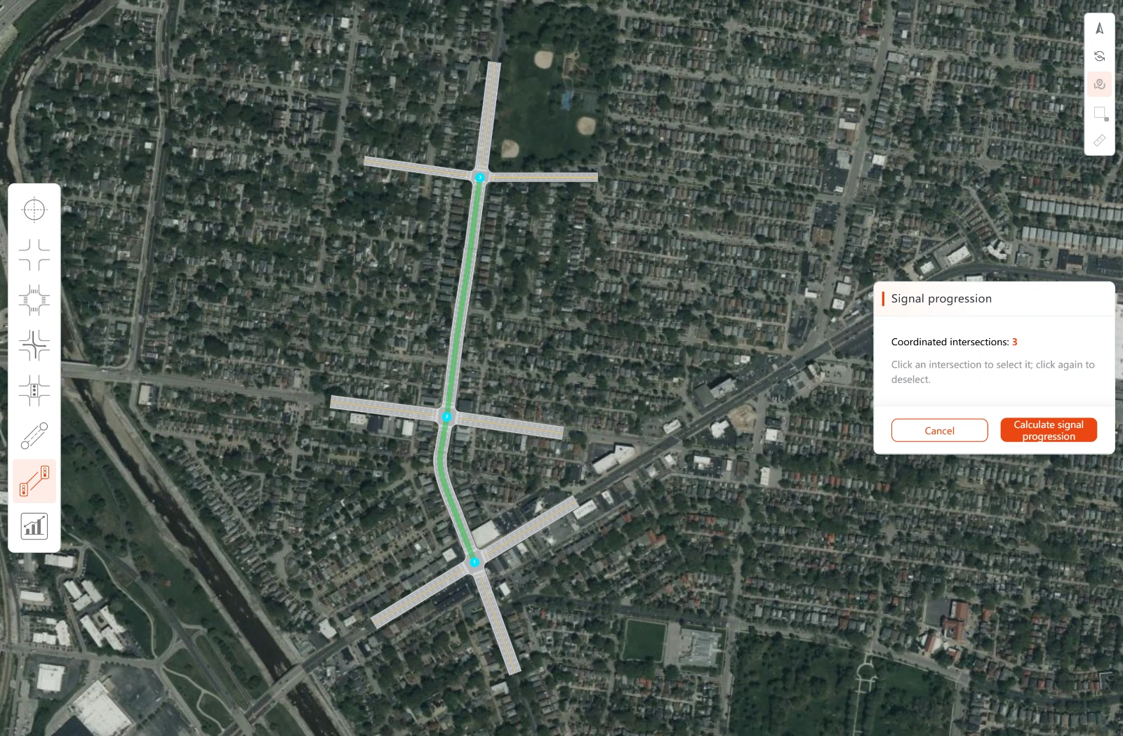 Three connected intersections and roadway links shown together on a satellite map